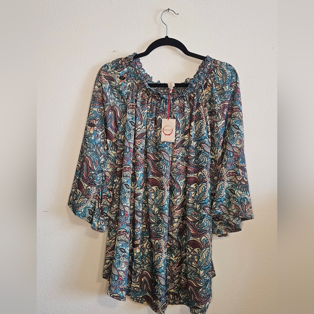 RAGA Silk Teal Paisley Print OTS Mini Dress or Top-M-NWT